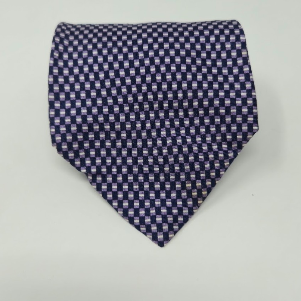 CLAYBROOKE Mens Navy Lilac Micro-Grid Geometric 100% Silk Tie Classic 4 Inch